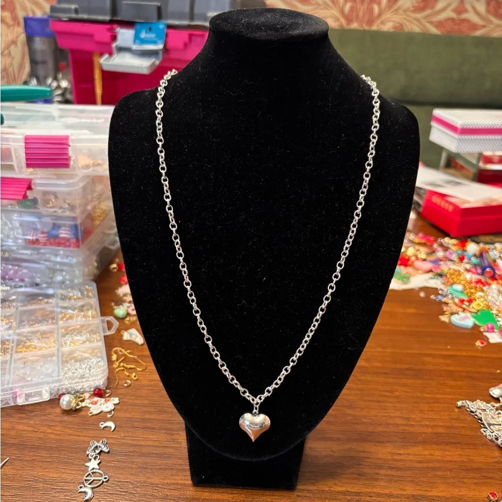 New handmade Silver tone puffed Heart Pendant Necklace